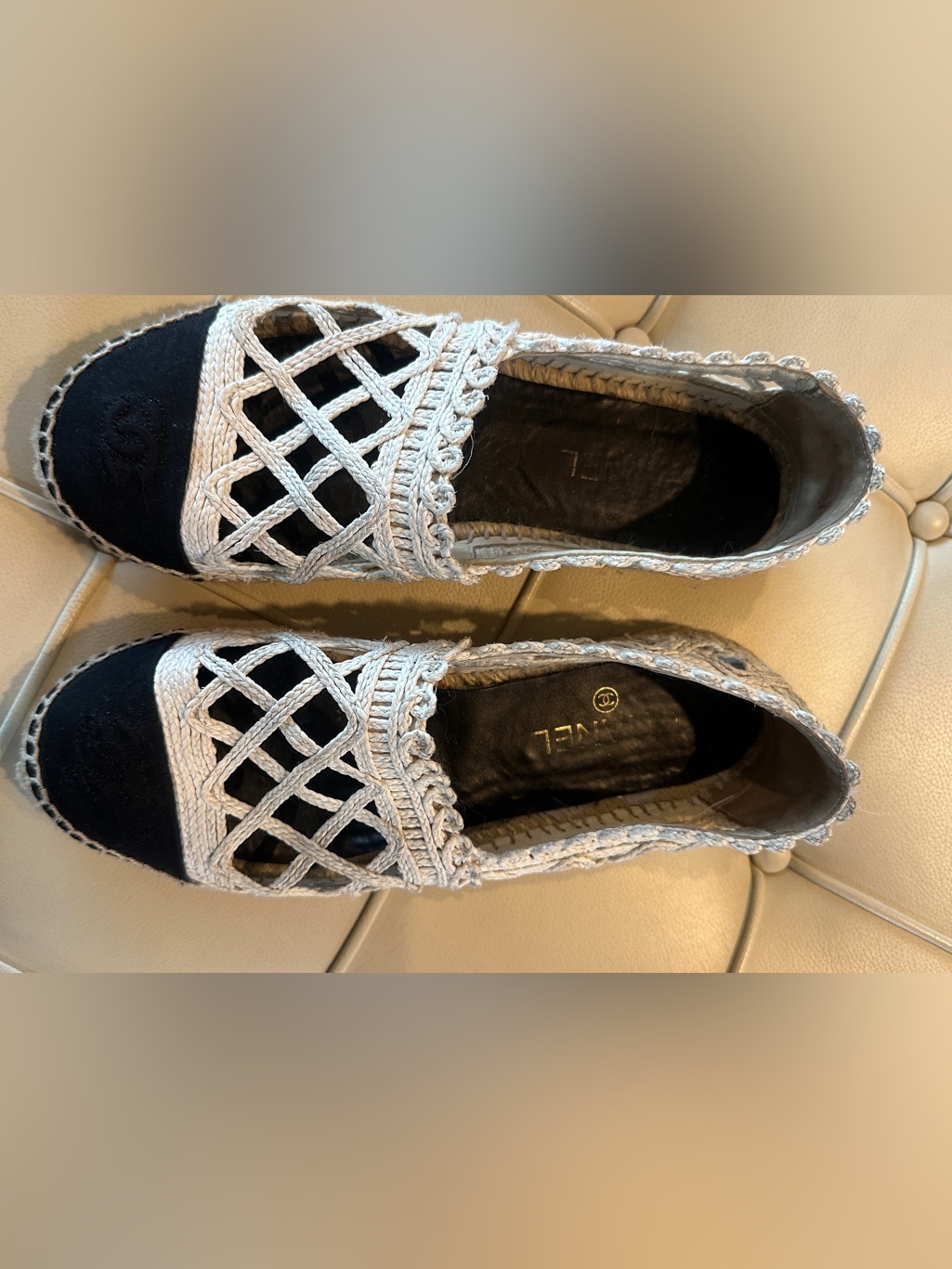 Chanel Black Cap-Toe Espadrille Flats With White Crochet Lattice